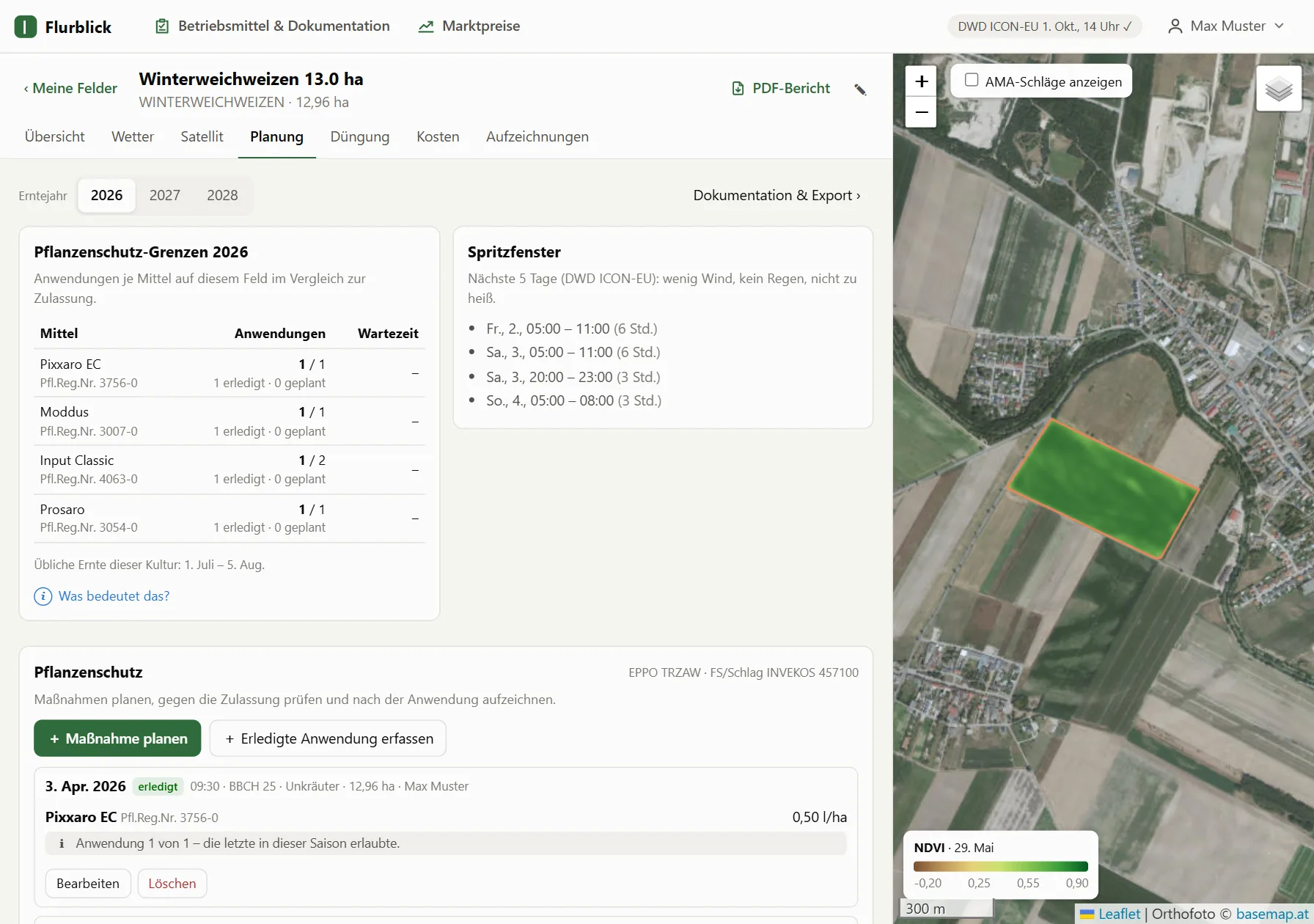 Planning tab with plant protection limits, spray windows and seed planning