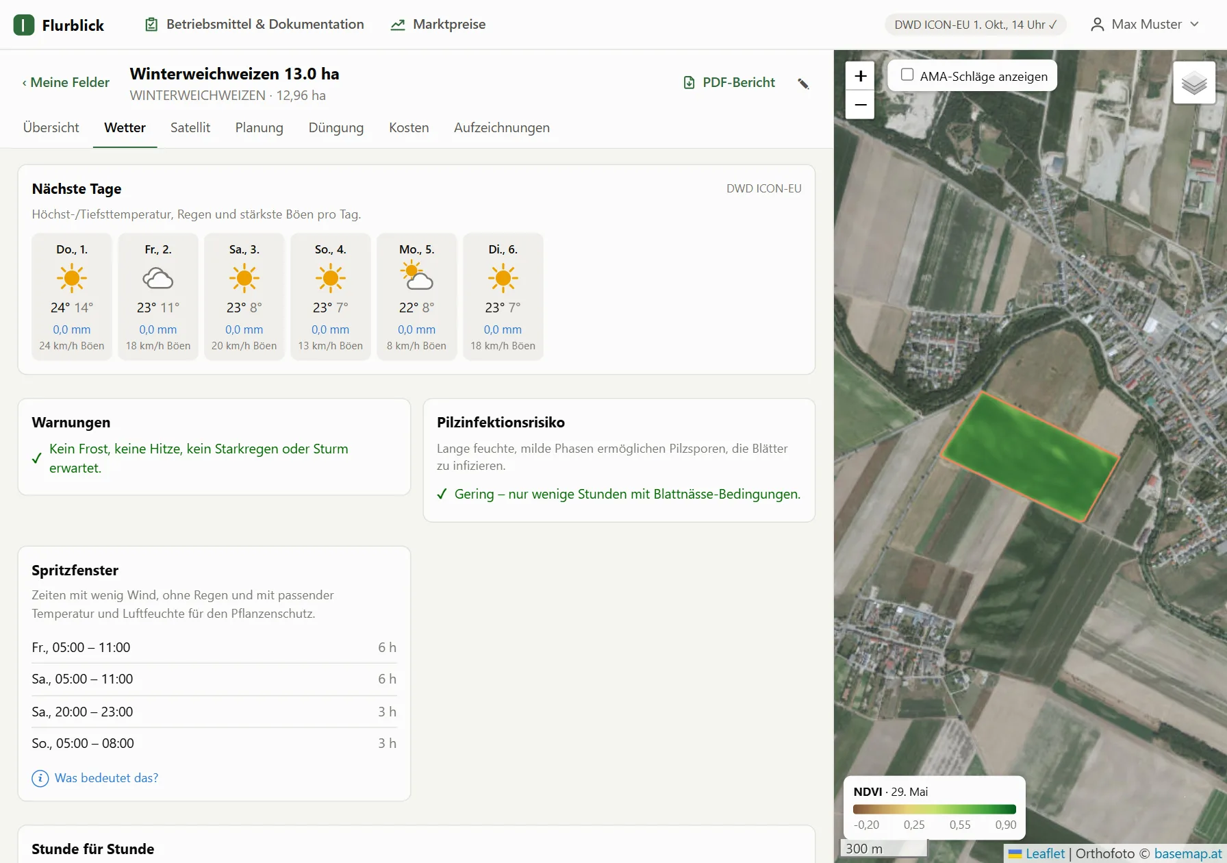 Weather tab with 5‑day forecast, warnings, fungal risk and spray windows